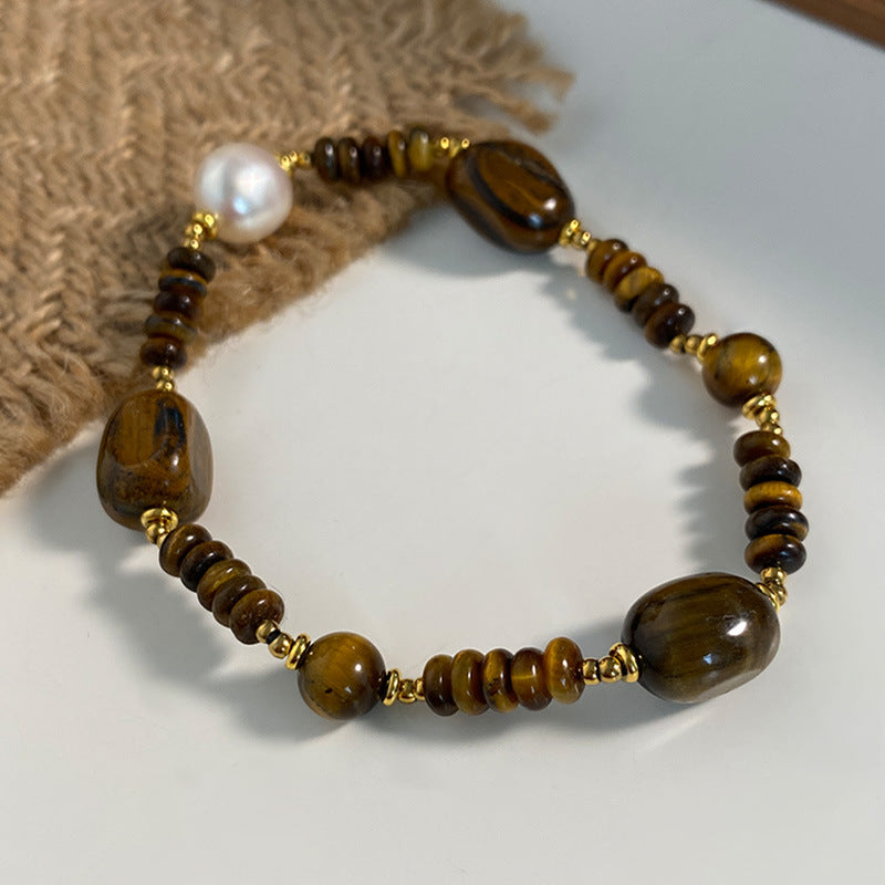 Pearl Decor Tiger Eye Stone Bracelet