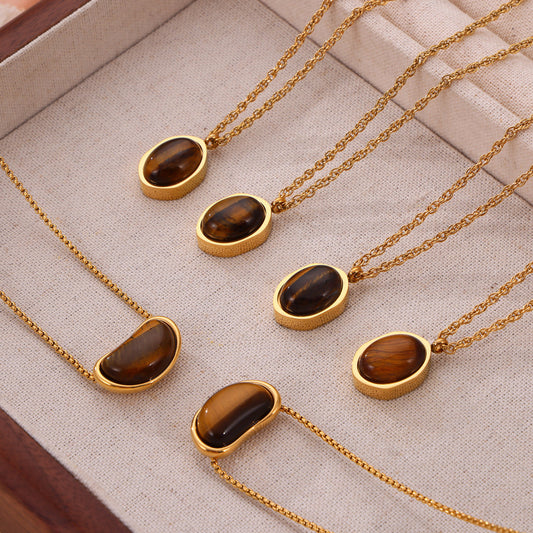 Stainless Steel Geometric Natural Tiger Eye Stone Black Onyx Necklace