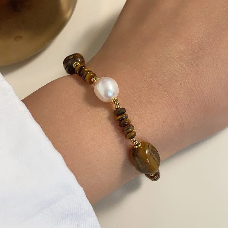 Pearl Decor Tiger Eye Stone Bracelet