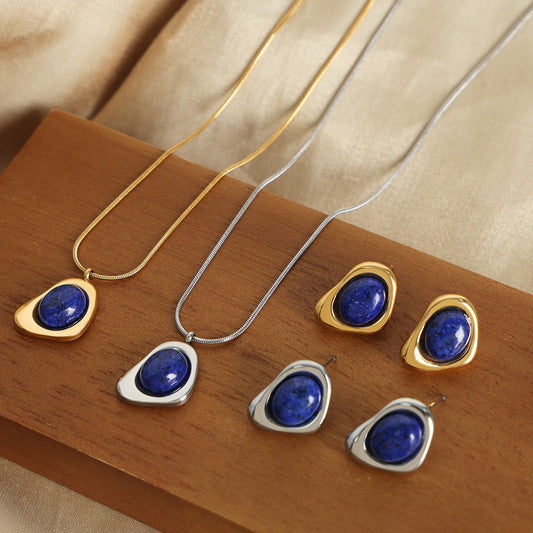 Vintage Stainless Steel Gold-plated Lapis Lazuli Earring Necklace