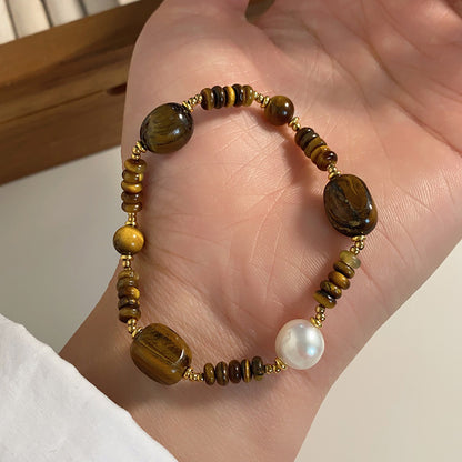 Pearl Decor Tiger Eye Stone Bracelet