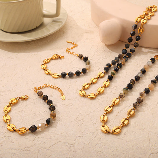 Faceted Smoky Agate Stainless Steel Necklace Bracelet Set