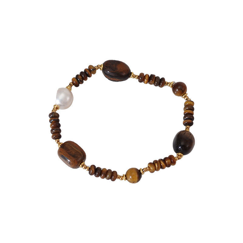 Pearl Decor Tiger Eye Stone Bracelet