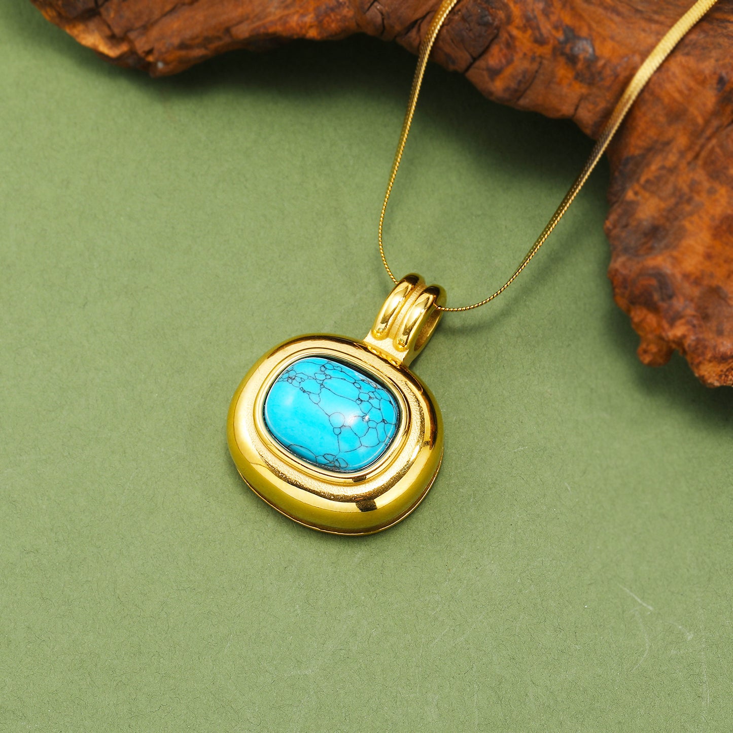 18k Gold Plated Oval Natural Stone Pendant Necklace