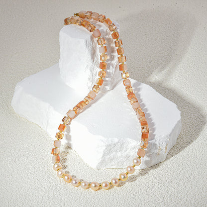 Pearl/Crystal Deco Orange Agate Necklace