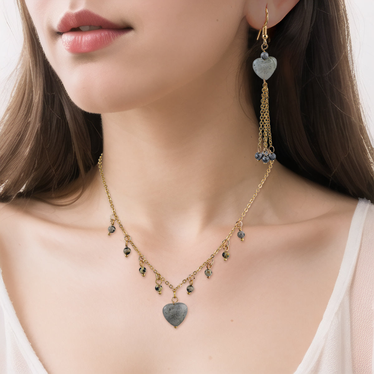 Labradorite Heart Necklace Earring Set