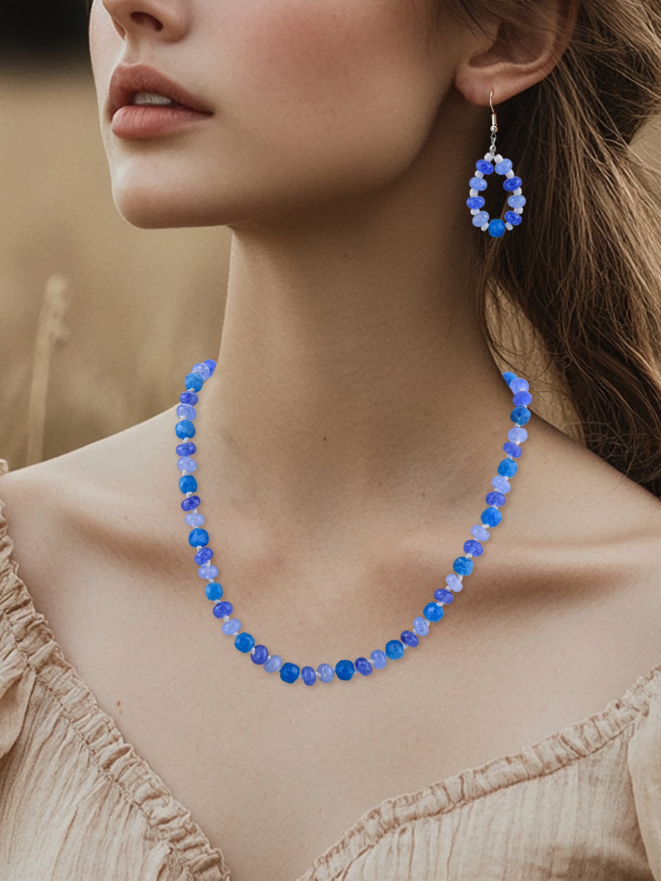 Sea Blue Knoted Toggle Necklace Earring Set