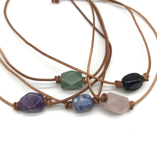 Geometric gemstone leather rope necklace