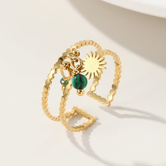 Stainless Steel Malachite Sun Charms Ring