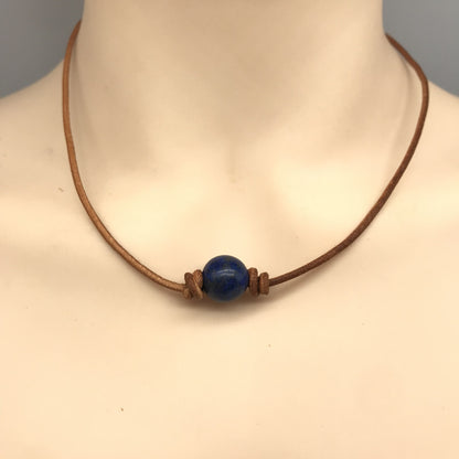 Round gemstone braided cowhide rope necklace