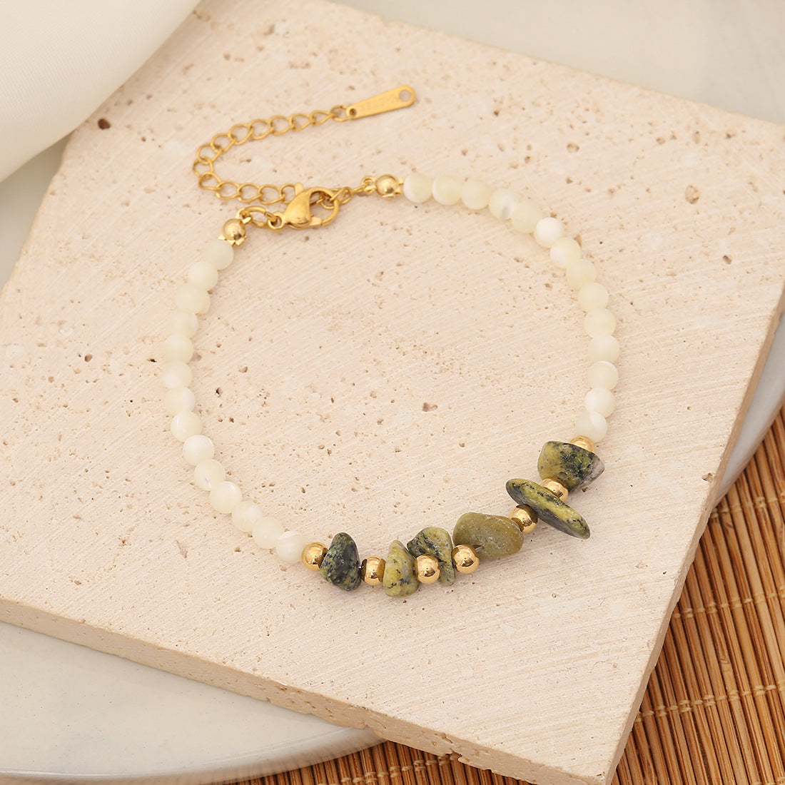 Shell Beaded Nugget Gemstone Stainless Steel Bracelet