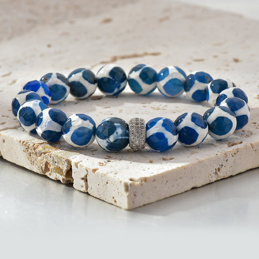  Rhinestone Decor Blue Patterned Agate Beaded Bracelet