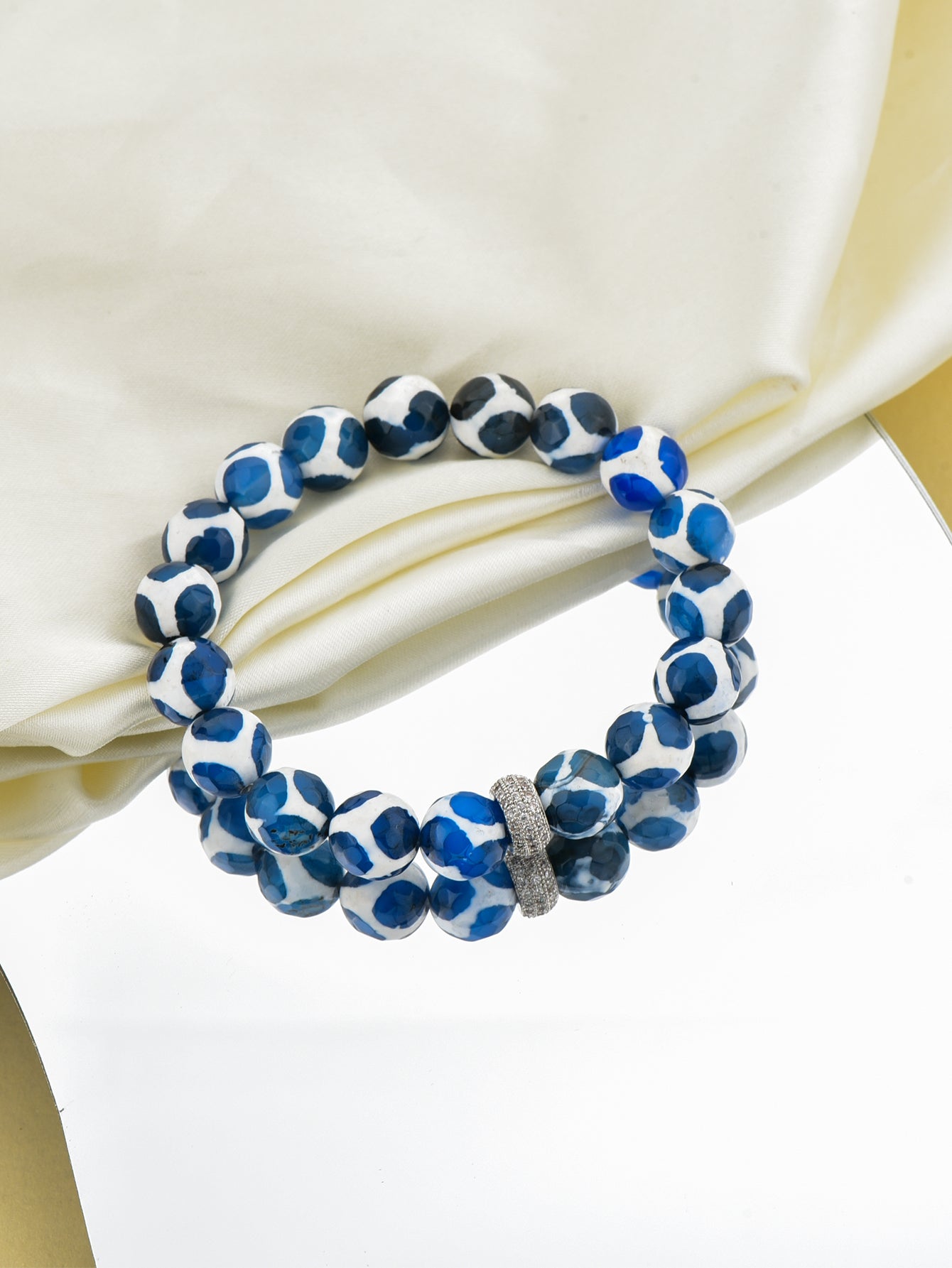 Rhinestone Decor Blue Patterned Agate Beaded Bracelet
