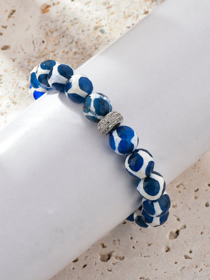 Rhinestone Decor Blue Patterned Agate Beaded Bracelet